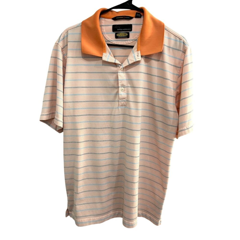 Greg Norman Mens Play Dry Polo Shirt Size Large Orange Striped Short Sleeve Golf